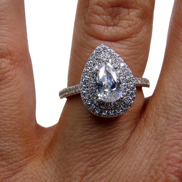 Macy's Silver Teardrop Diamond Cubic Zirconia Halo Ring S 925 Size 6 - Picture 6 of 8